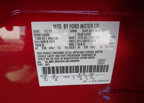 2020 Lincoln Nautilus Reserve z USA, uszkodzony, nr VIN 2LMPJ8K9XLBL08995